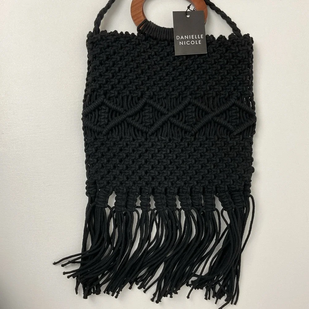 Danielle Nicole Black‎ Macrame Fringe Crossbody Shoulder Bag Boho Cottagecore